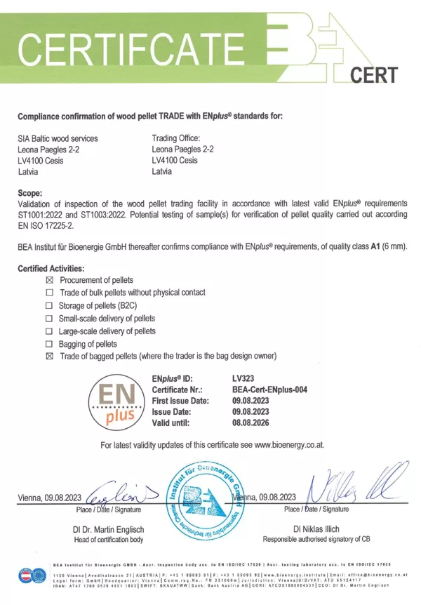 SIA Baltic wood services ENplus ID:  LV323